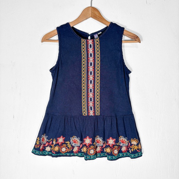 Alya Tops - Alya Navy Blue Embroidered Sleeveless Peplum Boho Top Small